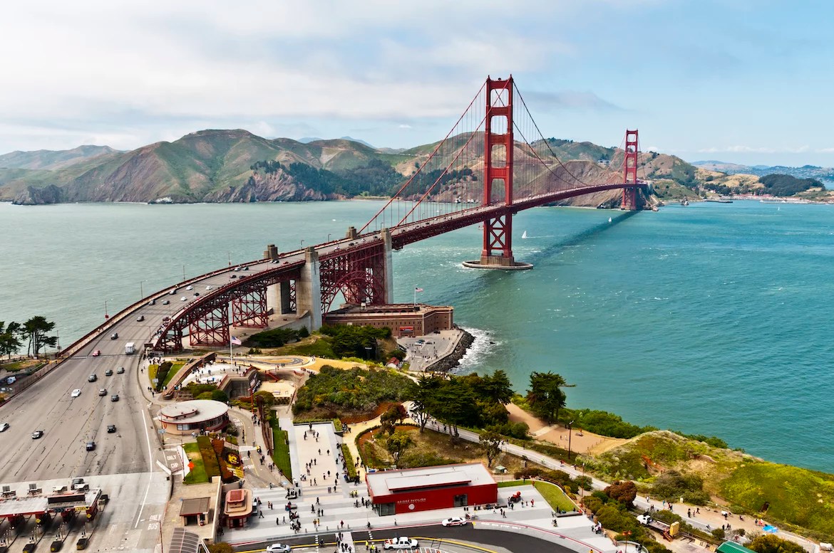 Aerial photograph of the Golden Gate Bridge in San Francisco.