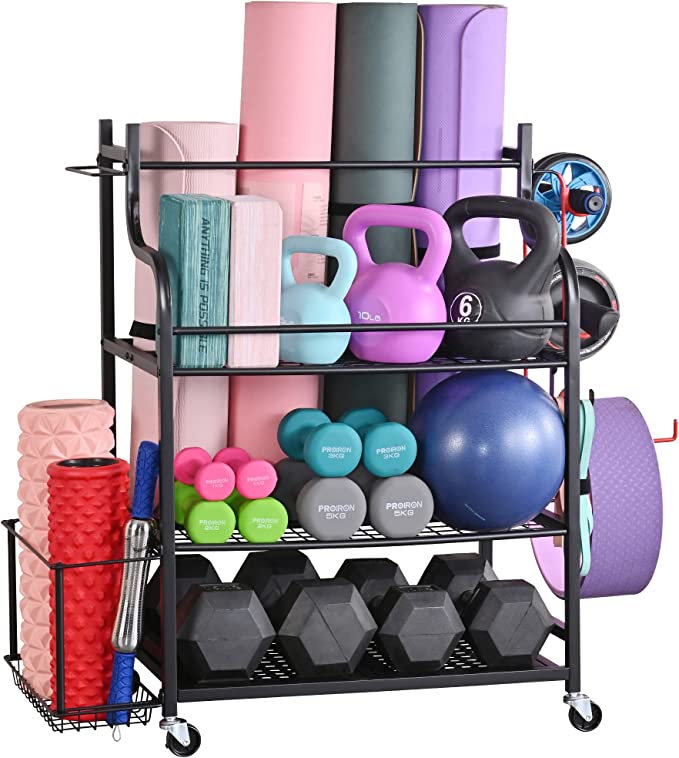 Mythinglogic gym rack with yoga mats, weights, and foam rollers