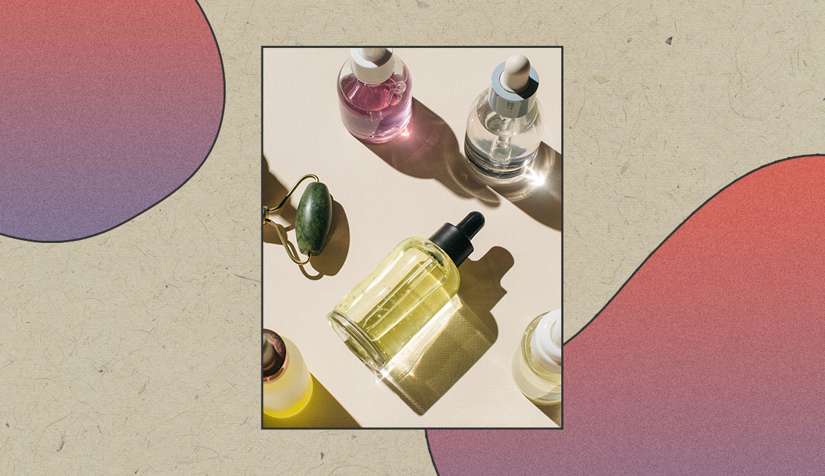 An overhead photograph of an assortment of beauty products on a table, bordered by a modern graphic design.