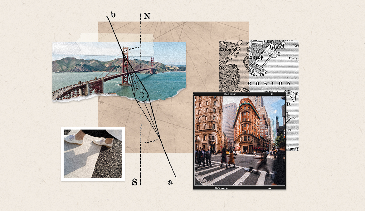 A creative collage featuring photographs of walkable cities, including New York City and San Francisco.