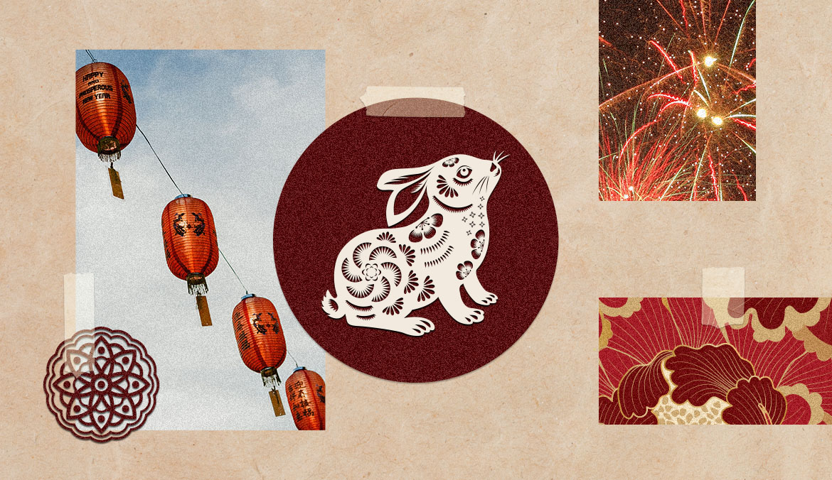 A graphic with red lanterns, fireworks, and an illustration of a rabbit to celebrat Lunar New Year.