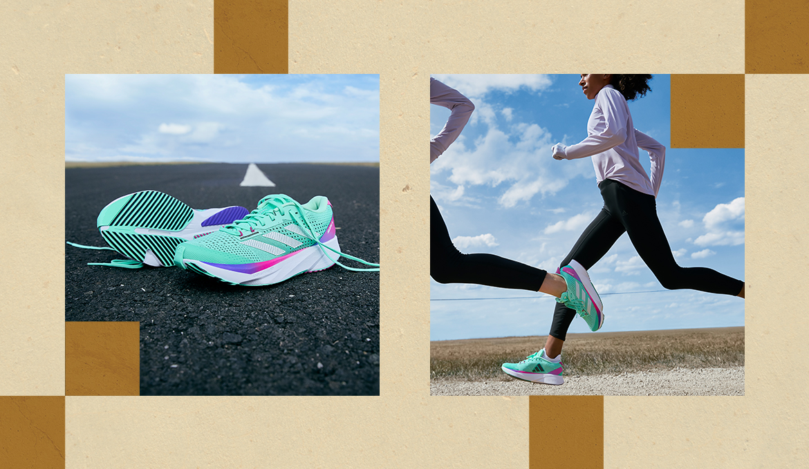Collage of two photos, one of running shoes, the other of runners' legs