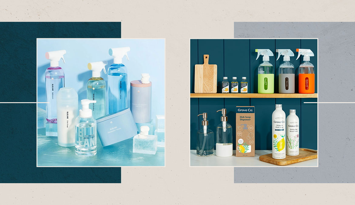 grey and blue collage with blueland products on the left and grove co on the right, the non-toxic cleaning products we tested over 2 months