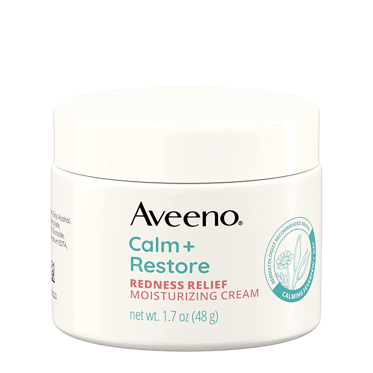 aveeno calm and restore moisturizing cream jar on a white background