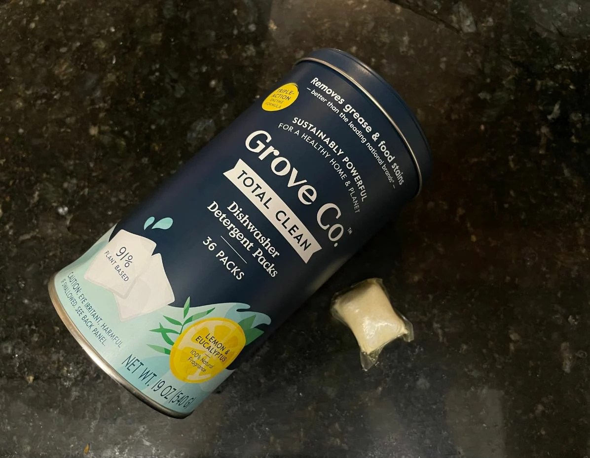 Grove co. dishwasher detergent packs on kitchen counter
