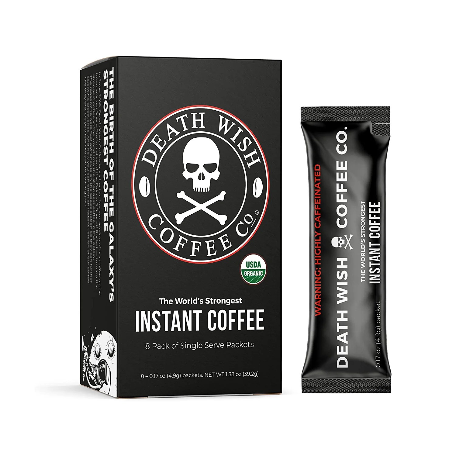 death wish instant coffee packet and the box, one of the best instant coffees