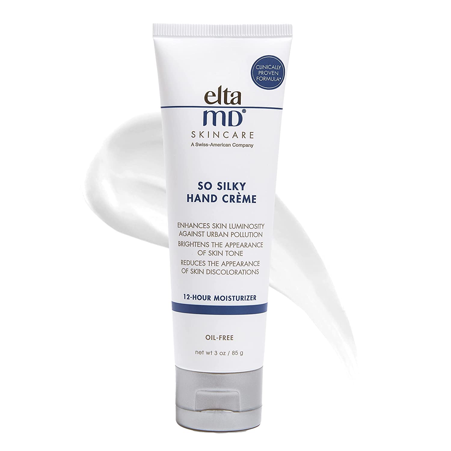 elta MD so silky hand cream tube with product swatch behind it