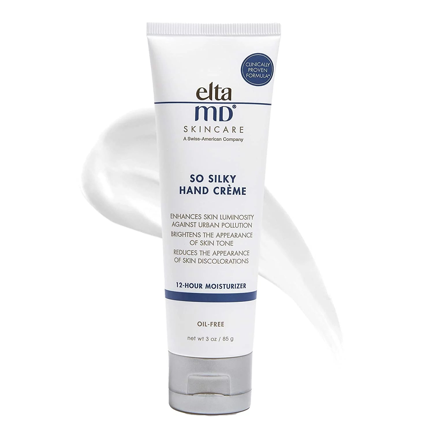 elta MD so silky hand cream tube with product swatch behind it