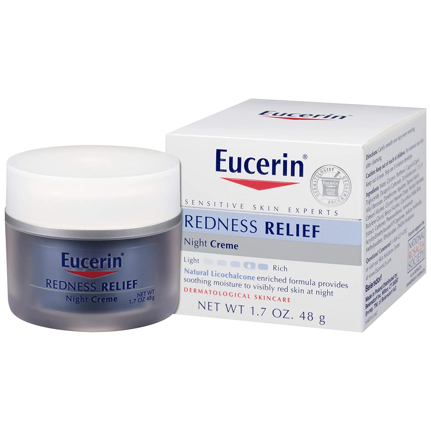 eucerin redness relief moisturizer tub next to the box on a white background