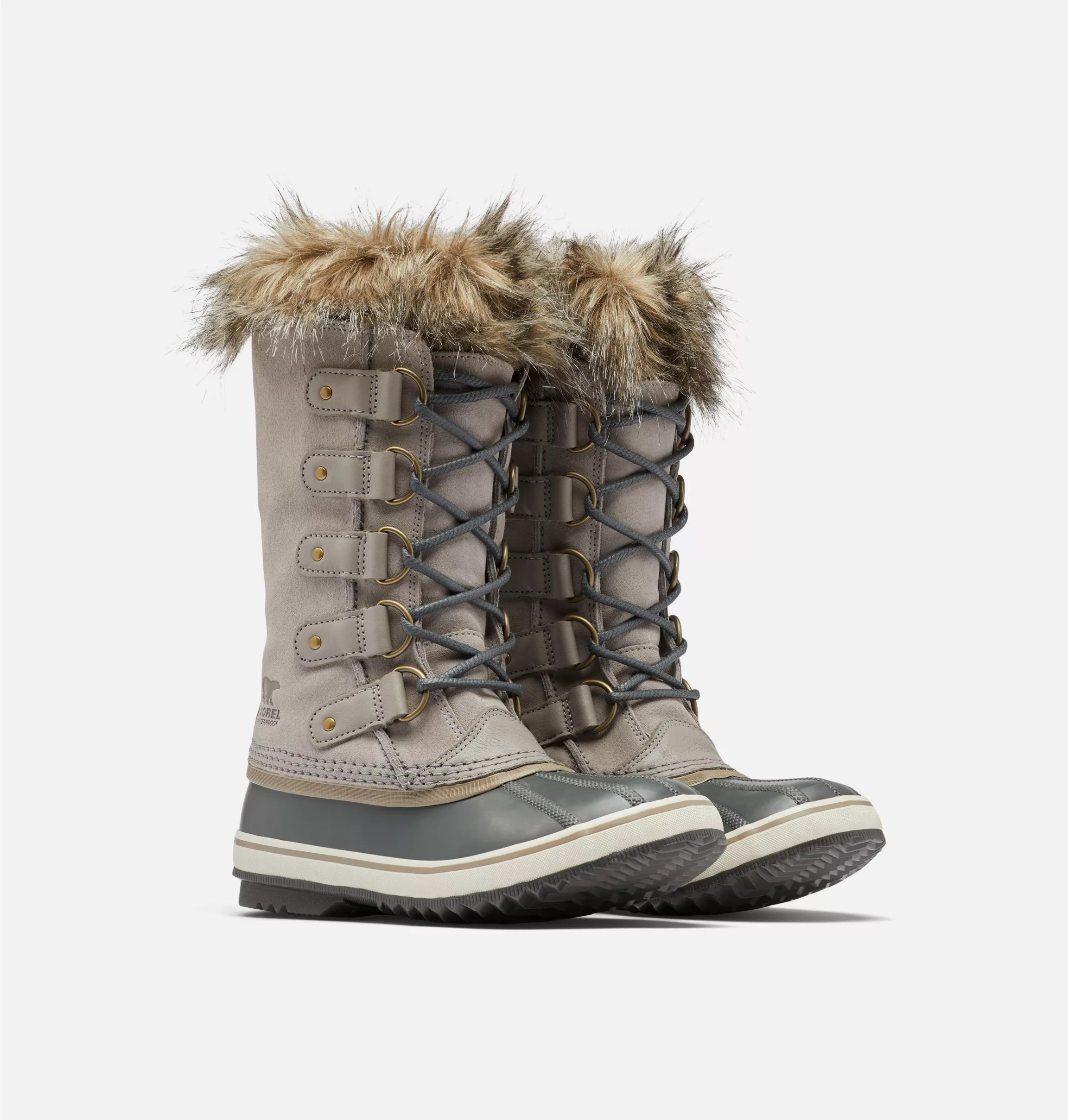 sorel joan of arctic boots on a grey background