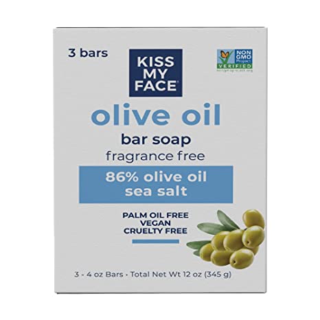 kiss my face olive oil bar soap three pack box on a white background