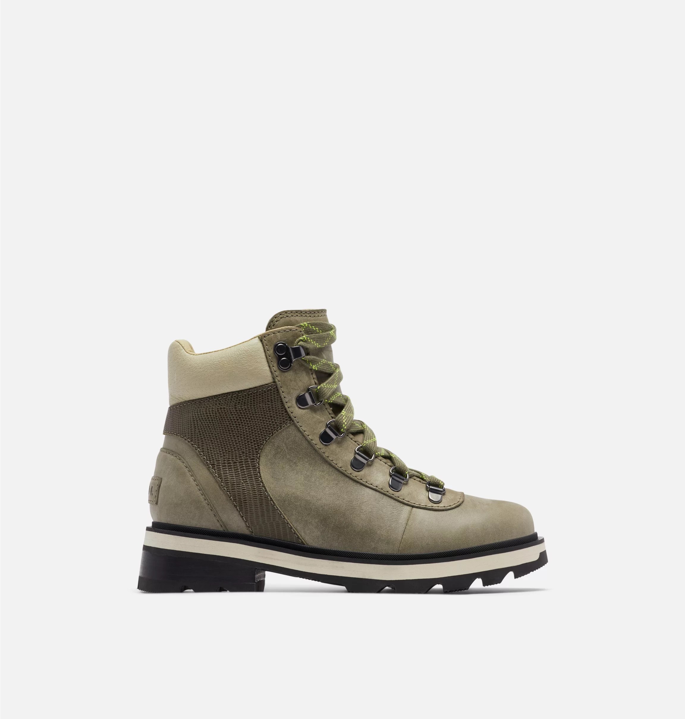 sorel lennox hiker boot in green on a grey background