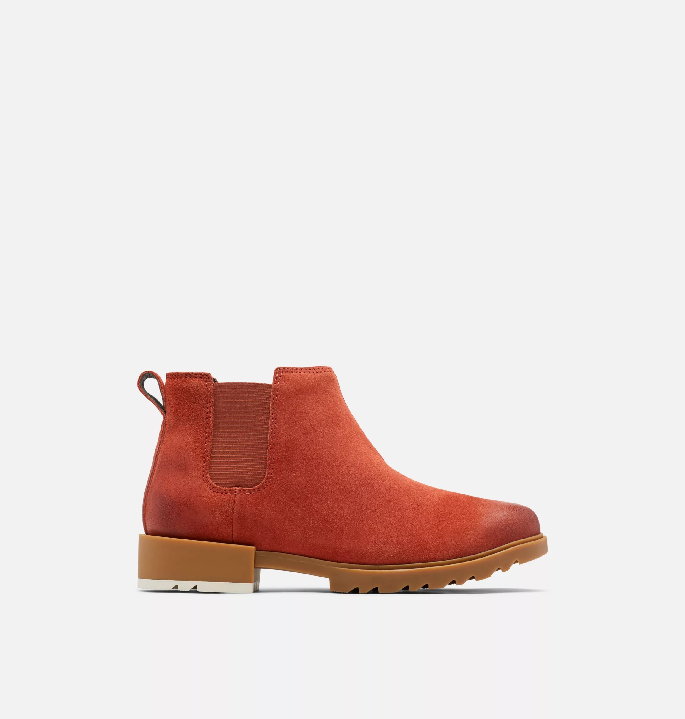 sorel emelie chelsea bootie in red on a grey background
