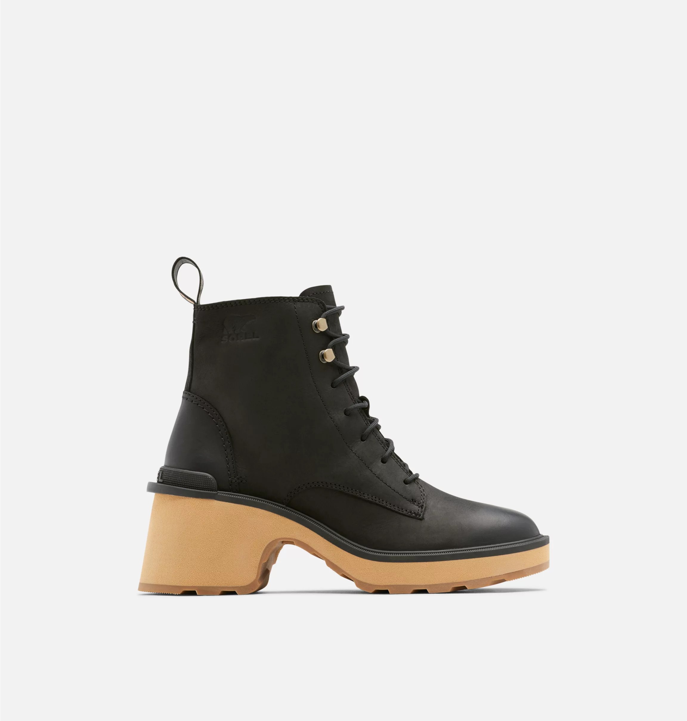 sorel highline heel lace boot in black on a grey background