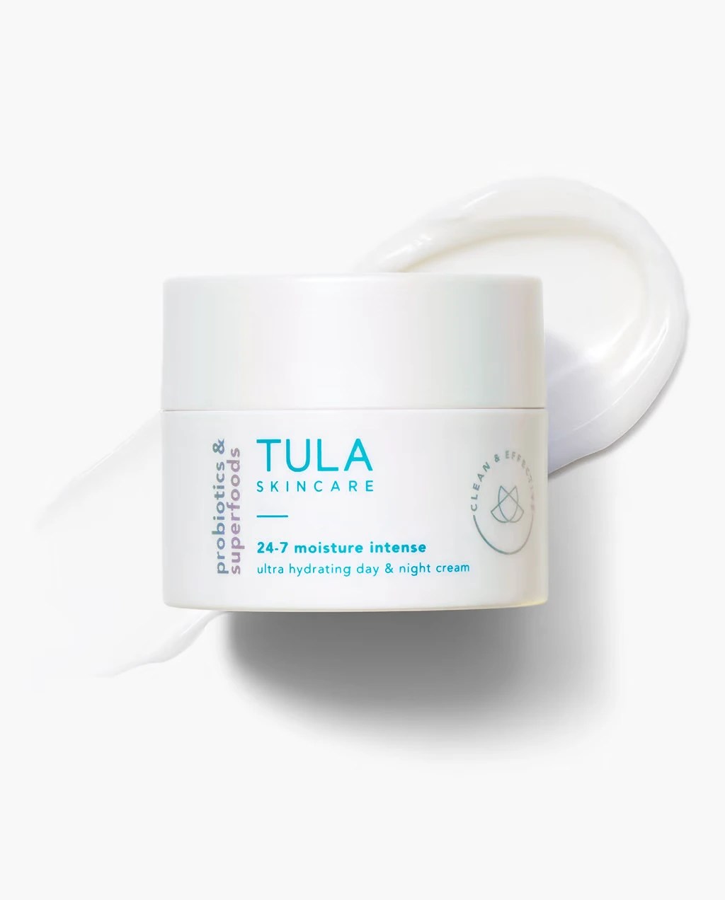 tula 24/7 moisture ultra-hydrating day and night cream on top of a product swatch
