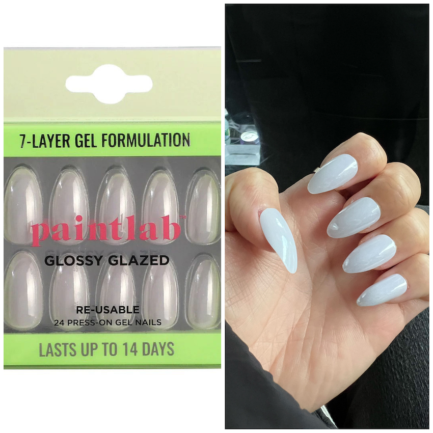 box of nails on left and hand with the tips on the right