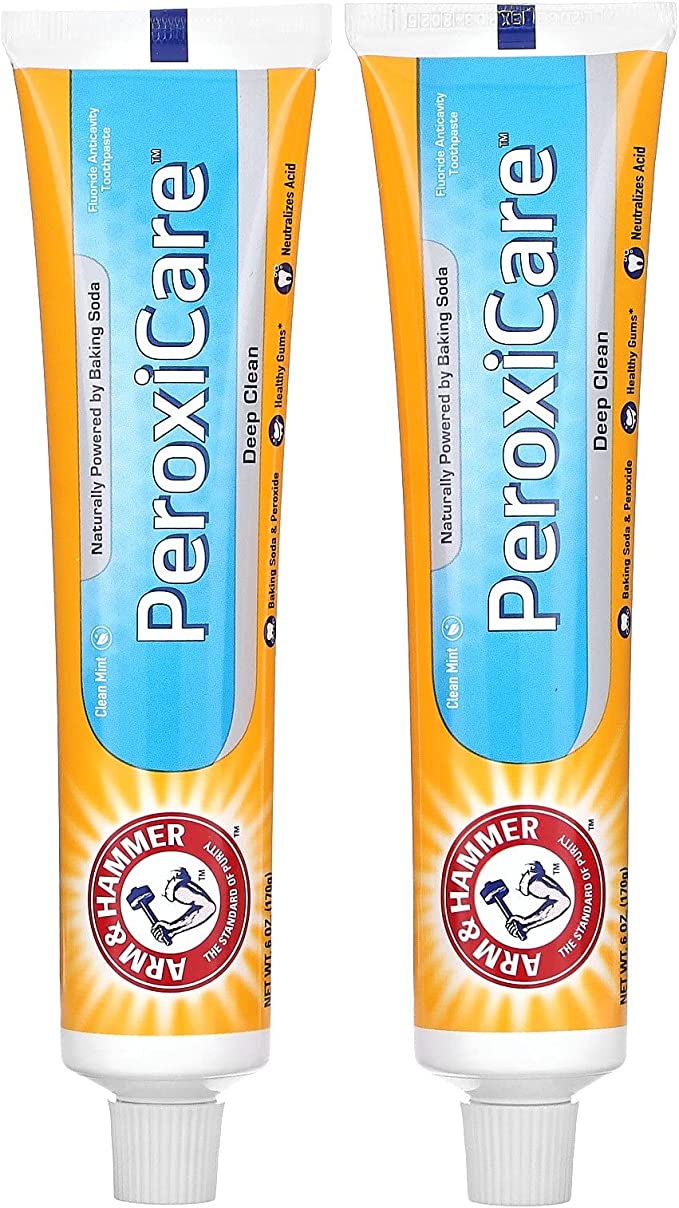two tubes of arm&hammer peroxicare, one of the best whitening toothpastes