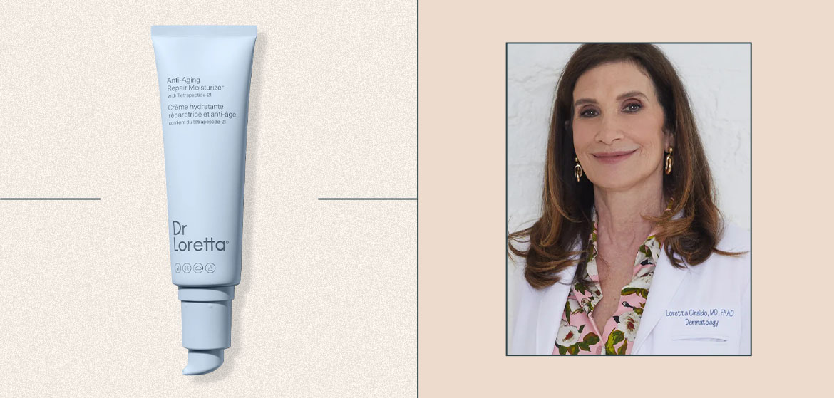 A tube of Dr. Loretta anti-aging repair winter moisturizer for mature skin, alongside a picture of dr. loretta ciraldo