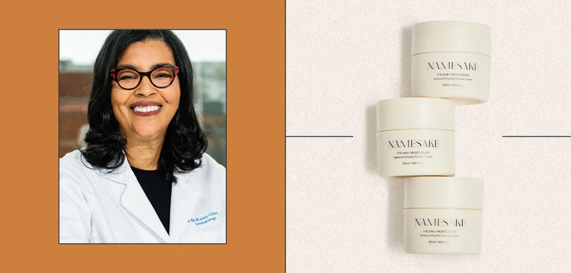 A picture of dr. lynn mckinley-grant alongside three tubs of namesake daily winter moisturizer for mature skin