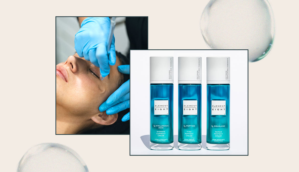 A photo collage of a woman recieving an oxygen facial and oxygen-infused skin-care containers.