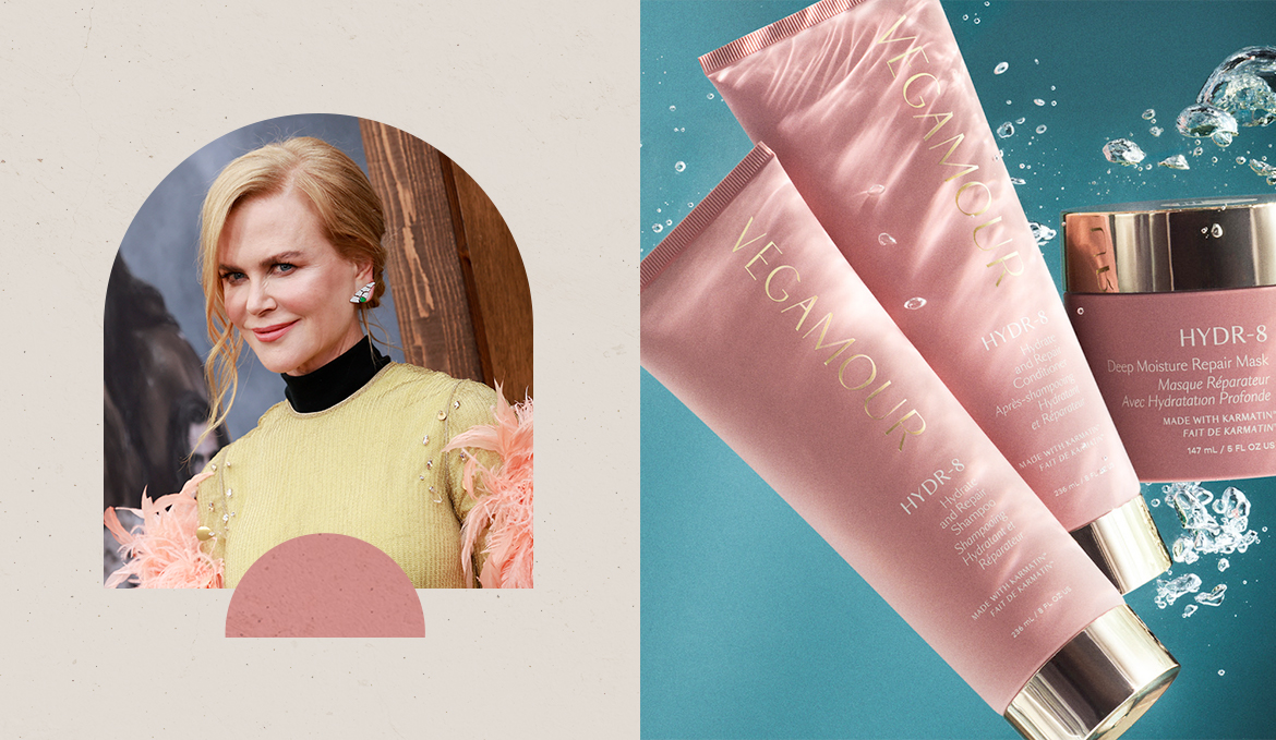 vegamour hydr-8 collection on the right and image of nicole kidman on a red carpet on the left