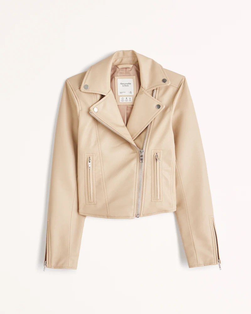 abercrombie vegan leather moto jacket in cream color on a white background