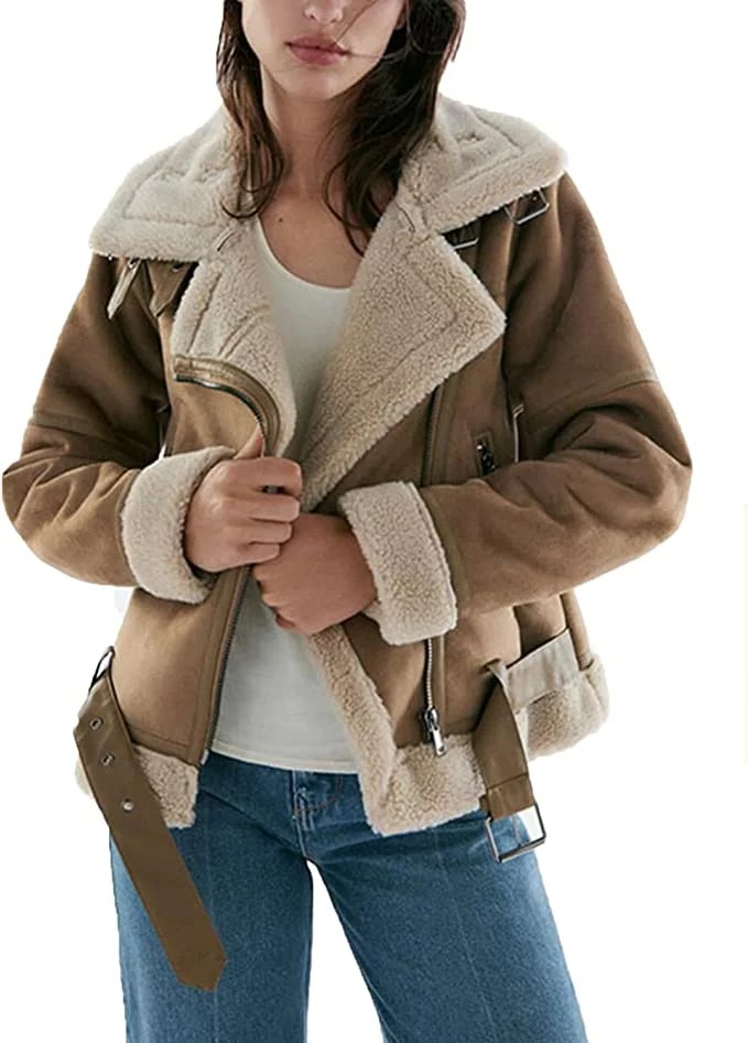 model wearing the amazon faux shearling jacket, one of the best spring jackets for women