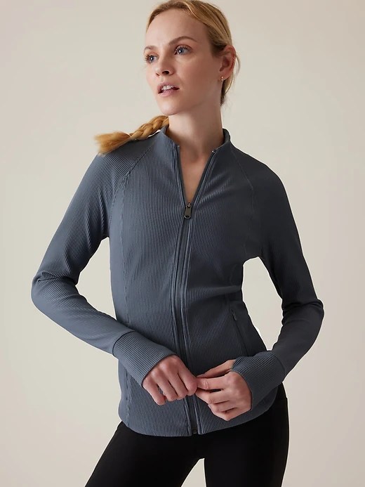 model wearing ribbed jacket from athleta, one of the best jackets for spring