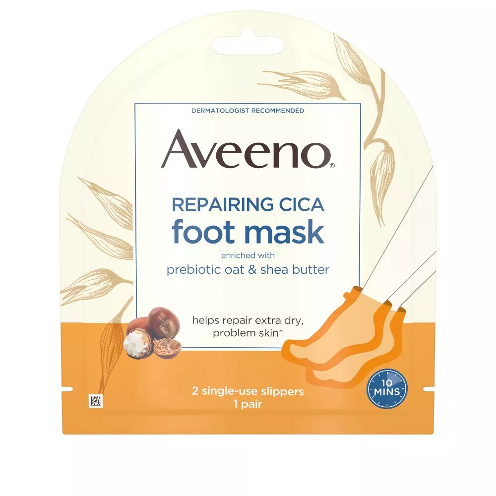 the aveeno repairing cica foot mask on a white background