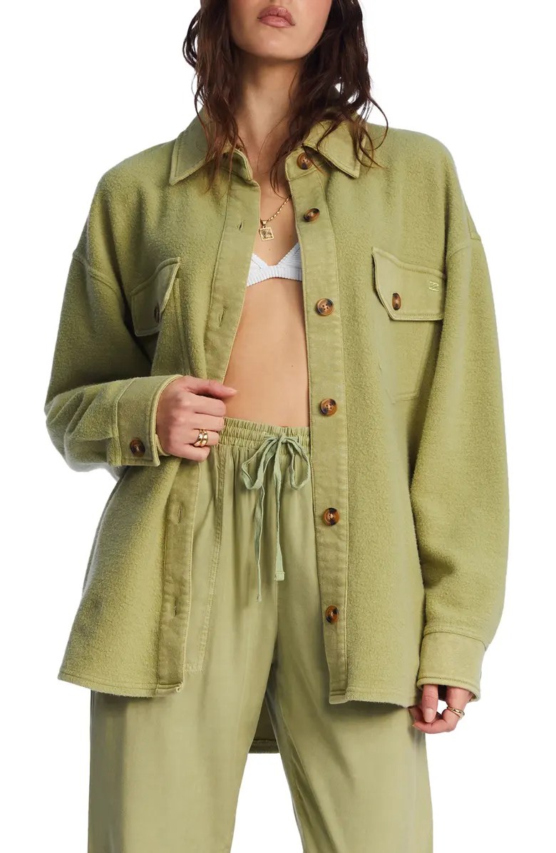 billabong green shacket, one of the best women's jackets for spring