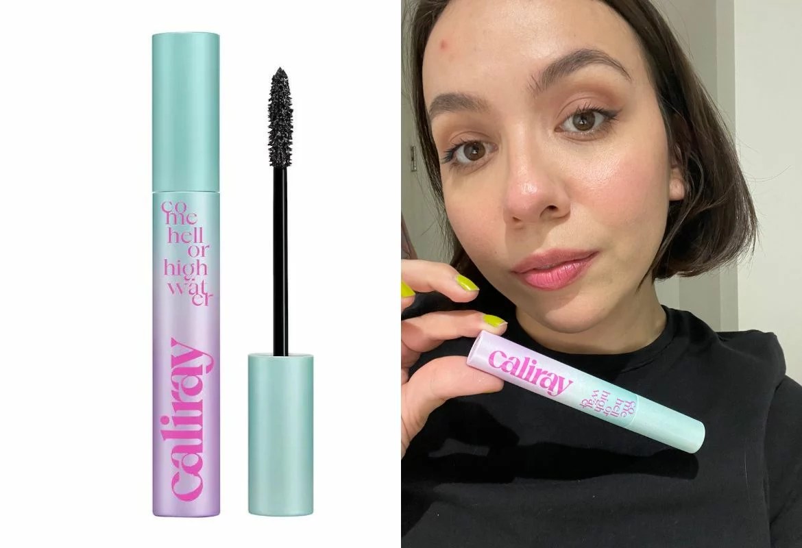 caliray tubing mascara on the left and author image on the right holding and wearing the mascara