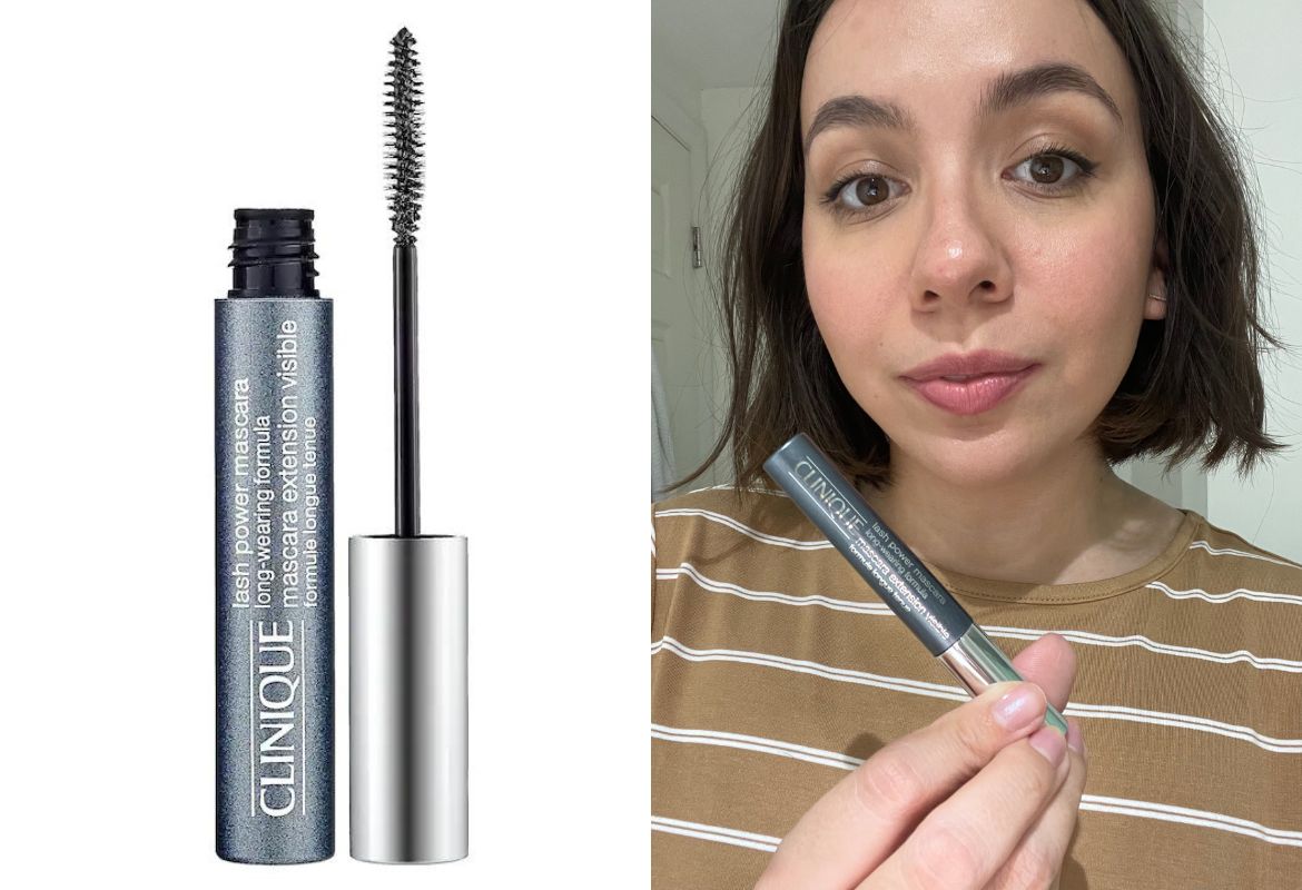 clinique lash power lengthening mascara on the left, and author image on the right, wearing the tubing mascara and holding it
