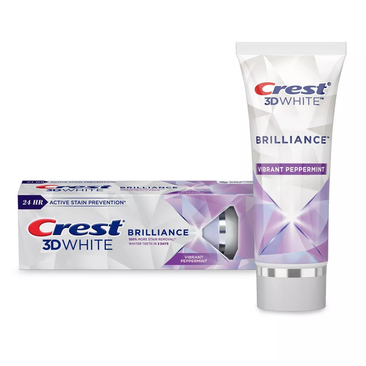 A package of crest 3d white brilliance, one of the best whitening toothpastes