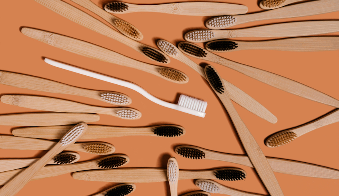 toothbrushes together to illustrate an eco-friendly oral care routine