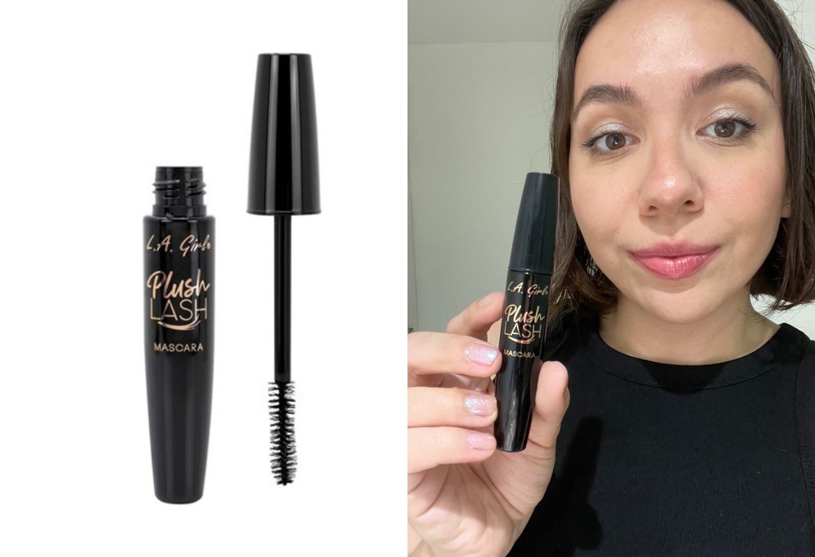 L.A. Girl Plush Lash tubing mascara on the left, and author holding and wearing the mascara on the right