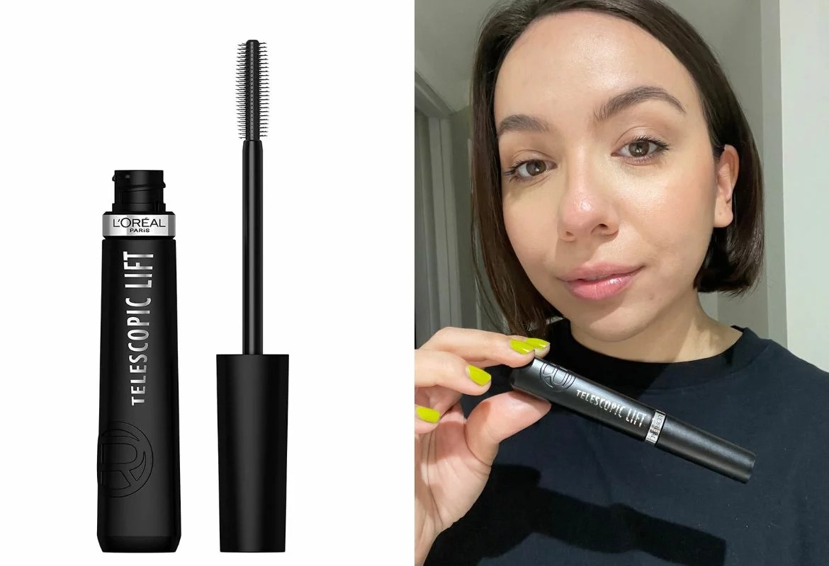 l'oreal telescopic lift mascara on the left, author photo on the right holding and wearing the tubing mascara