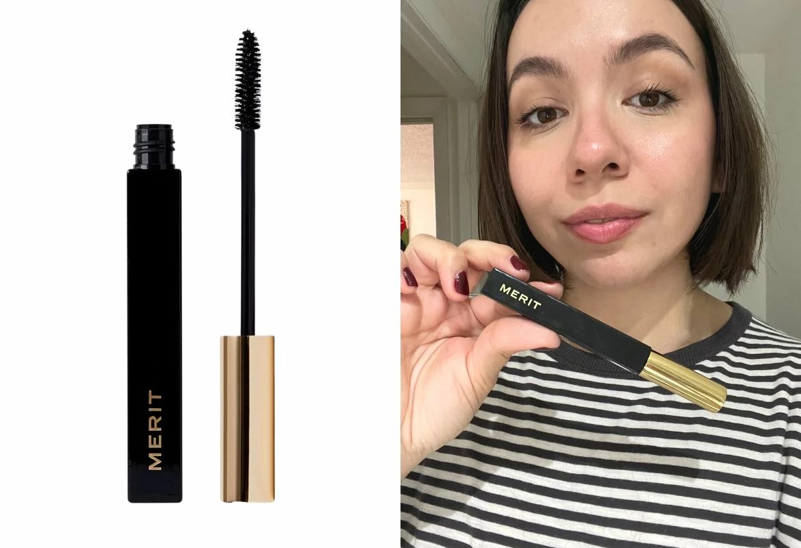 Merit clean lash tubing mascara on the left, and author image holding and wearing the mascara on the right