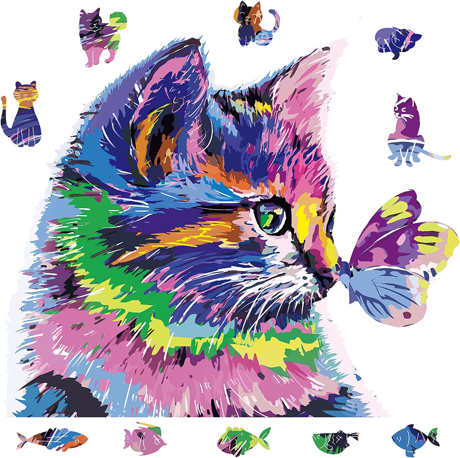 cat shaped wooden jigsaw puzzle on a white background
