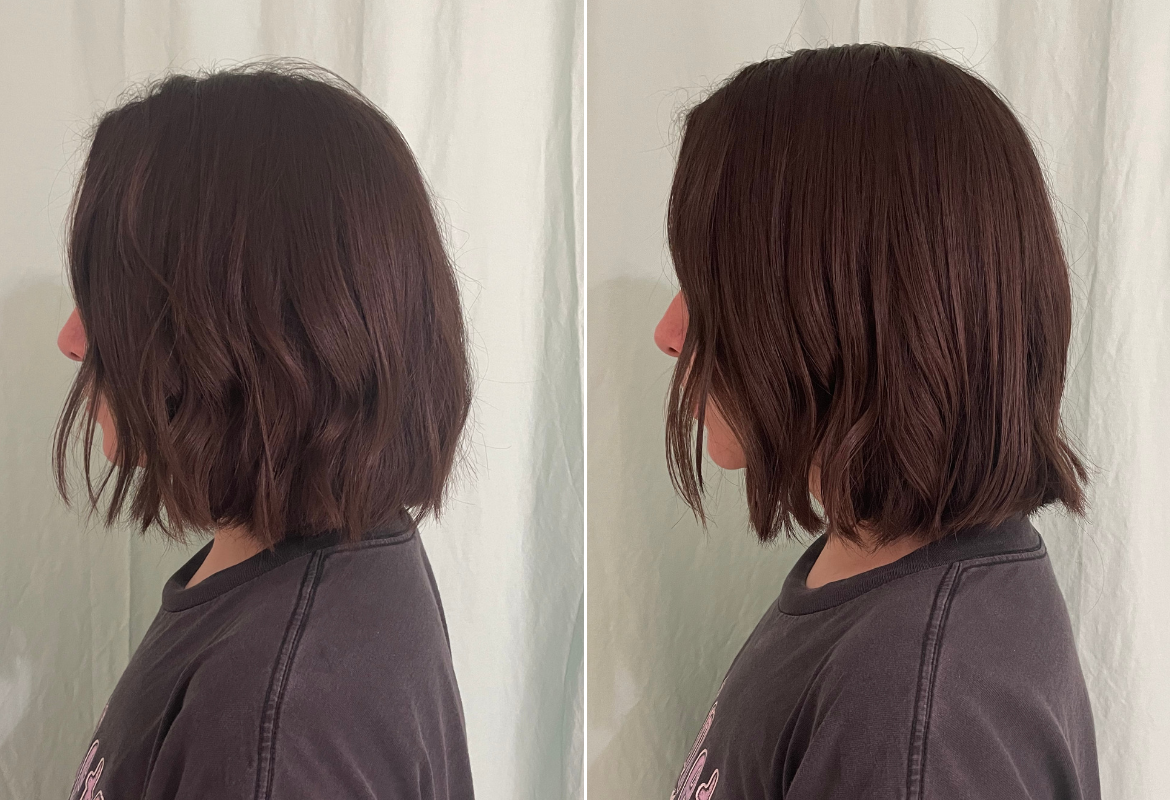 före och efter foto av författaren efter att ha använt odele hårolja på håret