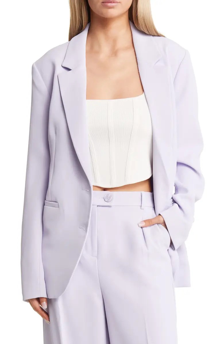 open edit lavender blazer on a model wearing a white tube top underneath