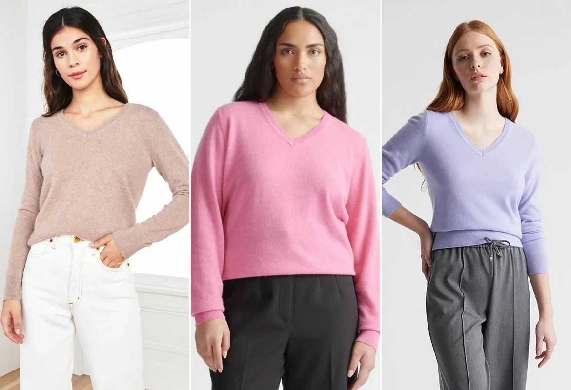 three models wearing the quince cashmere v-neck sweater in different colors