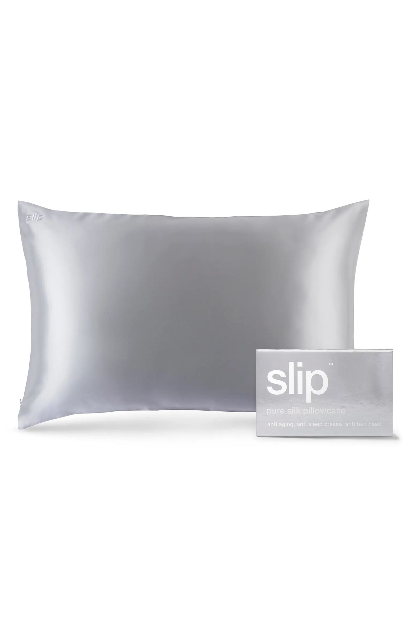 slip silk pillowcase and box on a white background