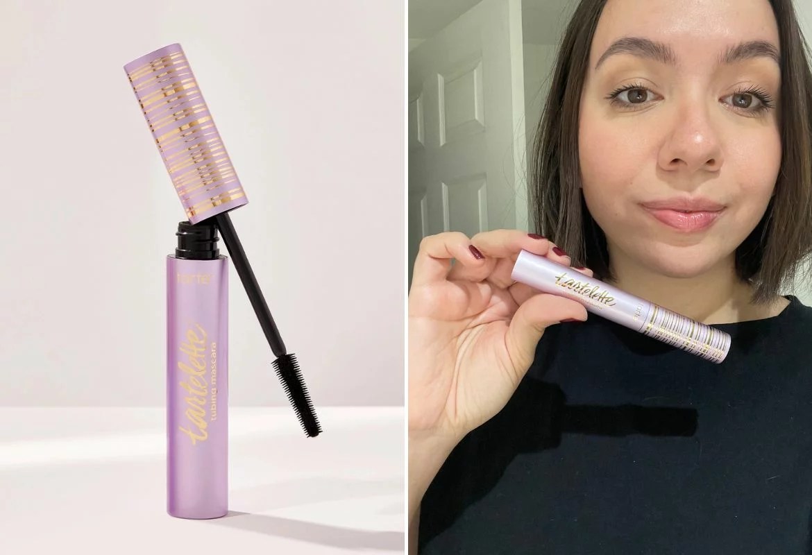 tartelette tubing mascara on the left, image of the author on the right, wearing and holding the tubing mascara