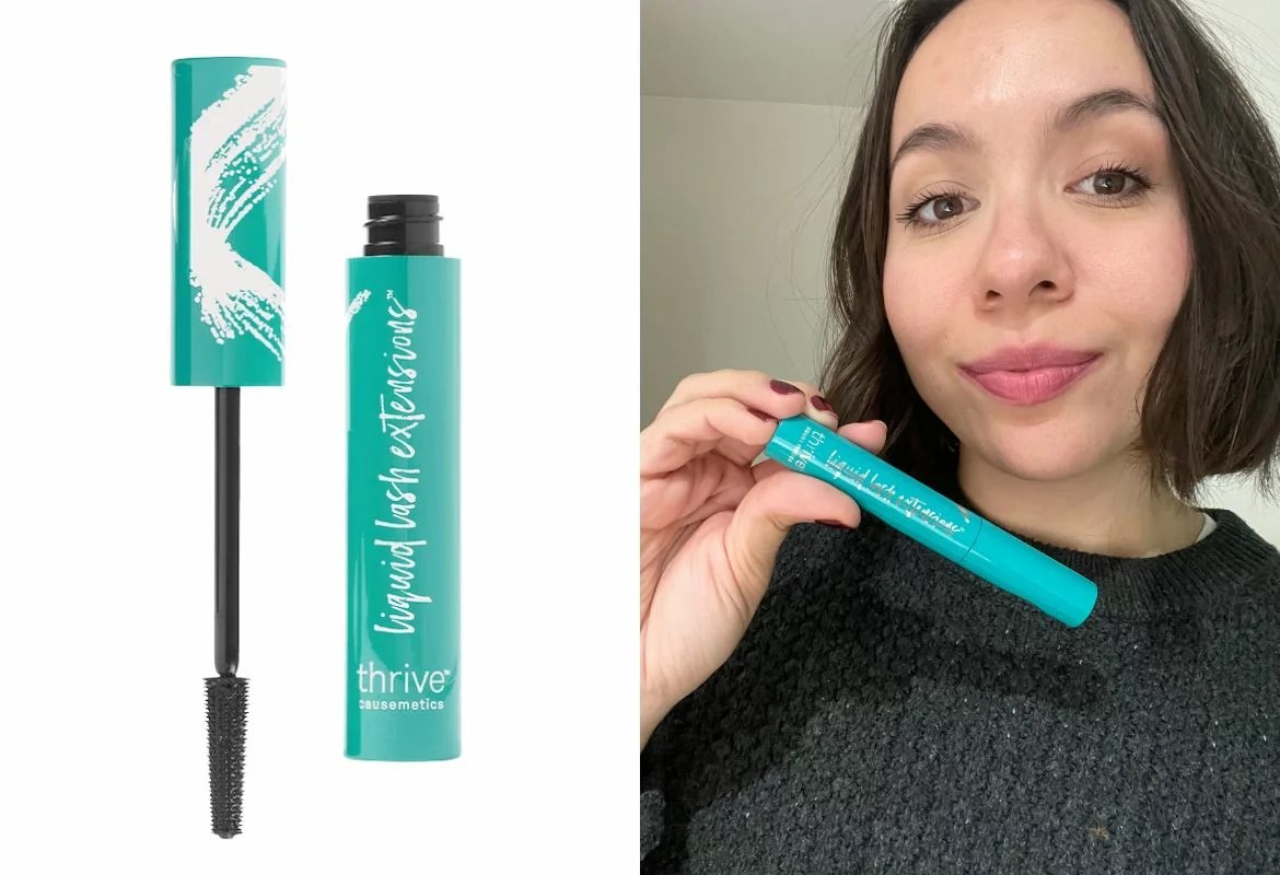 thrive causemetics liquid lash extensions tubing mascara on the left, and image of the author wearing the mascara and holding it on the right