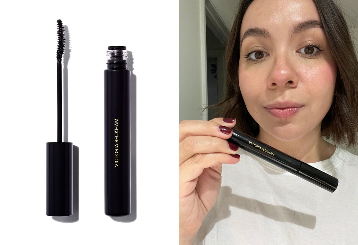 victoria beckham beauty future lash tubing mascara on the left, and image of the author on the right holding and wearing the tubing mascara