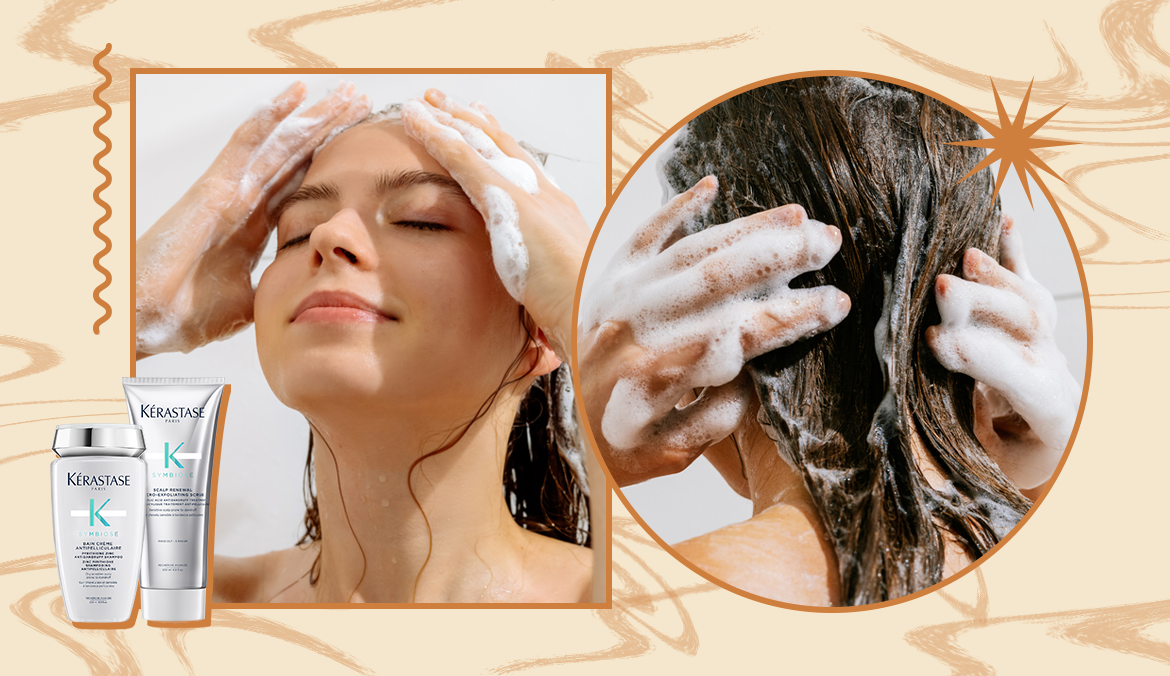 A women shampoos her hair with a dandruff solution