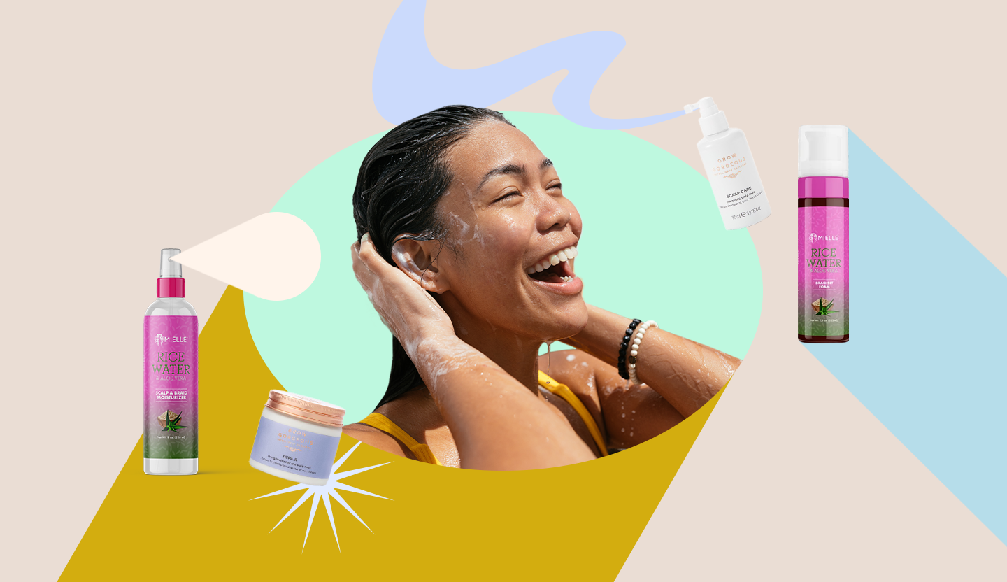 woman smiling while doing a scalp treatment