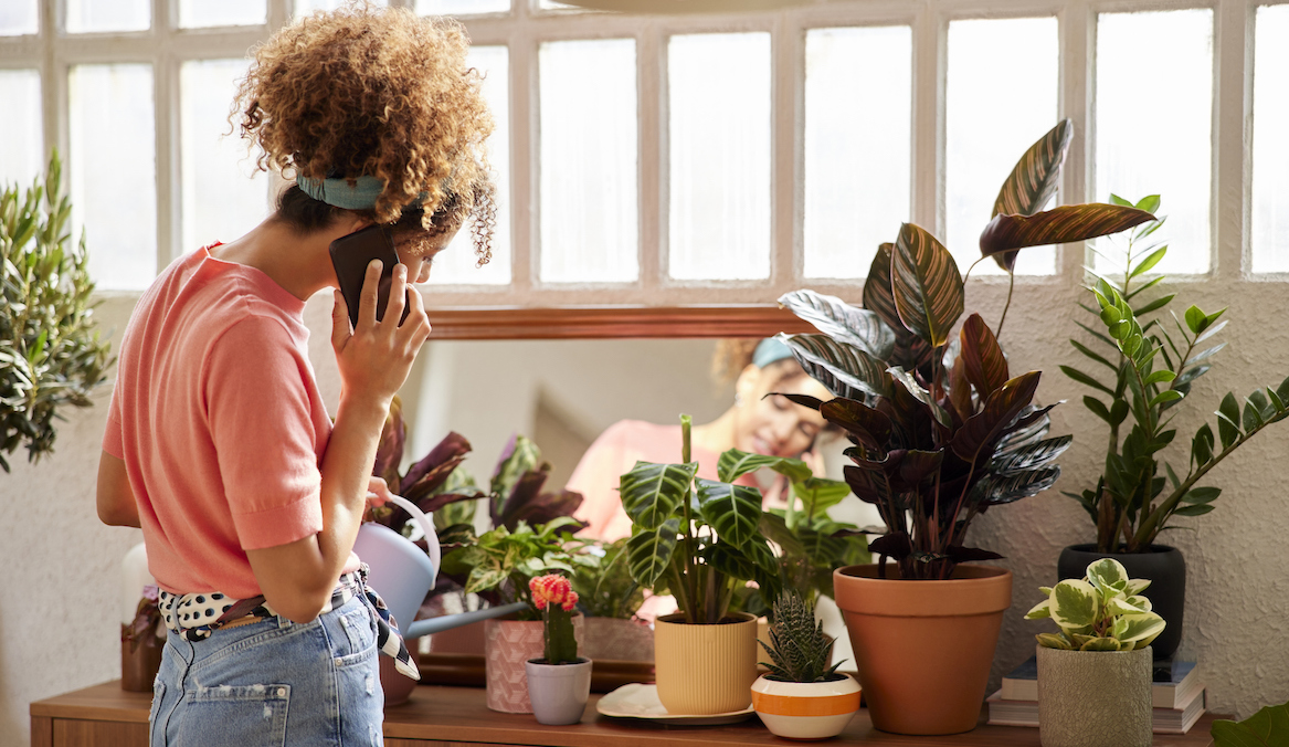 Woman with curly hair talking on the phone while caring for plants displayed in pots on a sideboard.