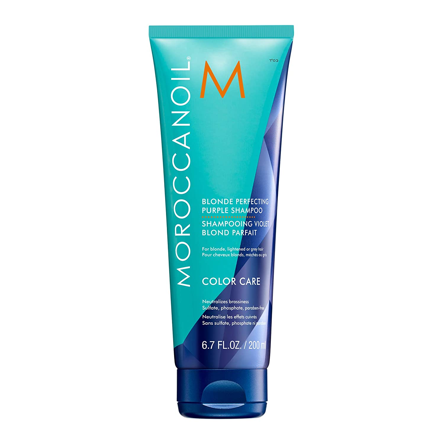 A bottle of Moroccanoil Blonde Perfecting Purple Shampoo.