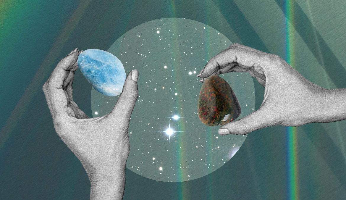 a pair of hands holding the March birthstones, aquamarine and bloodstone